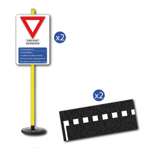 Set mit 2 Vorfahrt-gewähren-Bodenstreifen und Verkehrszeichen-Tafeln